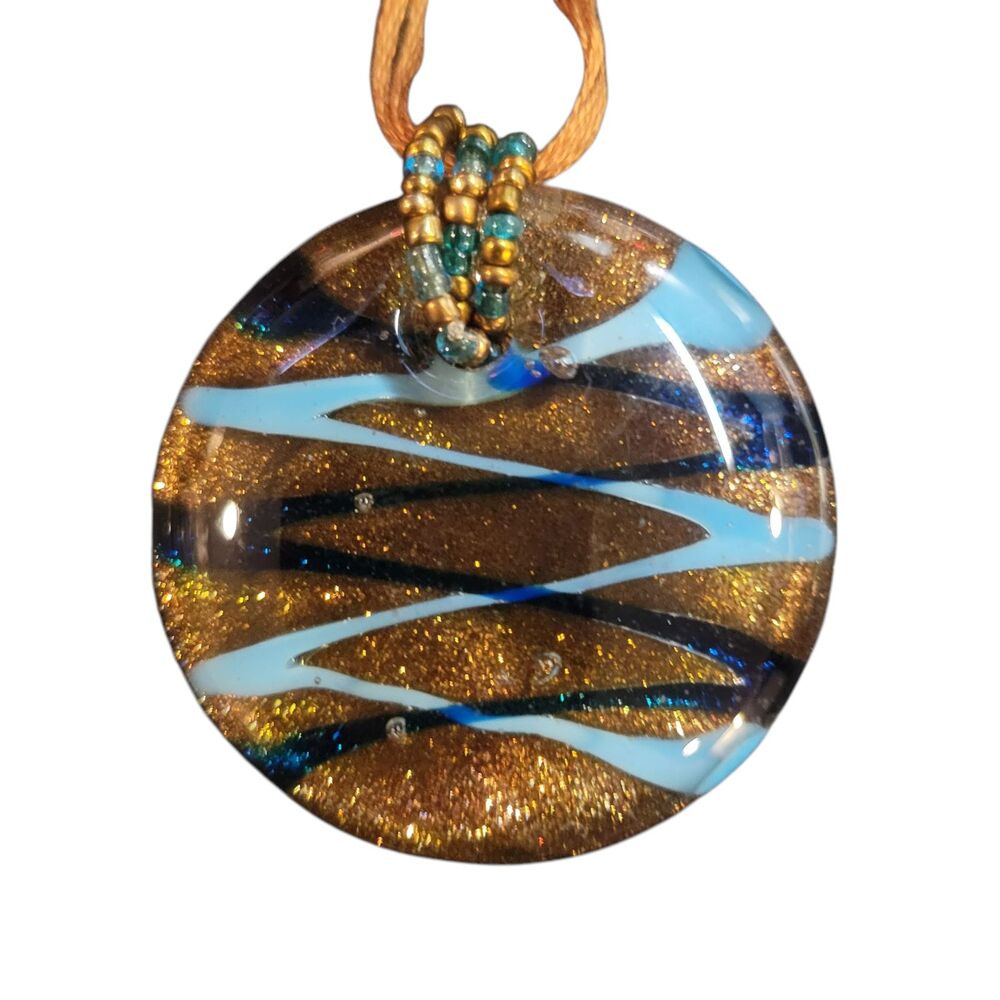 Handcrafted Art Glass Necklace Round Pendant Bronze Blue 3" x 1.75" No Chain NEW